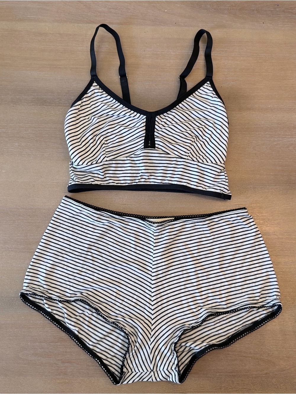Cameo Striped Black & White Bralette + High-Waist Brief Set, Rayon Blend, Sz M